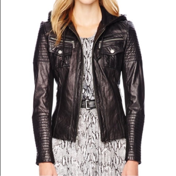 Michael Kors Genuine Black Leather Hooded Moto Jacket - Picture 1 of 11